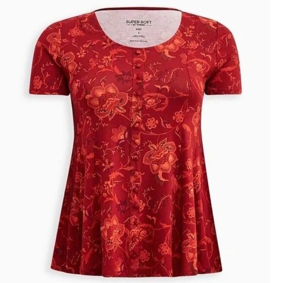 Torrid Size 2X Super Soft Button Front Seamed Top Floral Short Sleeve Red Orange - Picture 1 of 12